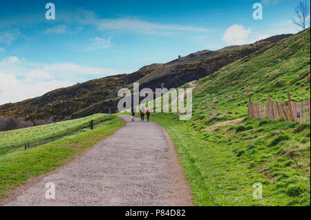 Ein bergwandern Route über grasbewachsene Hänge bis zu Arthur's Seat, dem höchsten Punkt in Edinburgh Holyrood Park, Schottland, Großbritannien Stockfoto