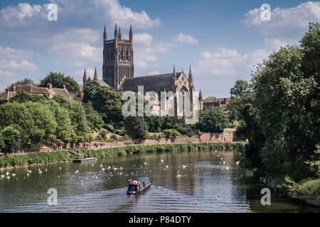 Ein lastkahn Segeln auf dem Fluss Severn durch die Stadt von Worcester, mit Worcester Kathedrale im Hintergrund, Worcestershire, West Midlands, England. Stockfoto