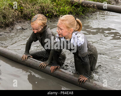 Biddinghuizen, Niederlande - 23. Juni 2018: Kinder, Mädchen, während einer mudrun (mudraise) im Schlamm und im Wasser klettern einen Baumstamm. Stockfoto