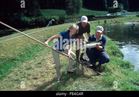 Michaela Rosemeyer Gräfin zu Castell-Rüdenhausen holt mit Stand Mitarbeitern sterben Fische aus dem Fischteich in Griestal, Deutschland 2005. Michaela Rosemeyer Gräfin zu Castell Ruedenhausen fischen gehen in ihrem See bei Griestal, Deutschland 2005. Stockfoto