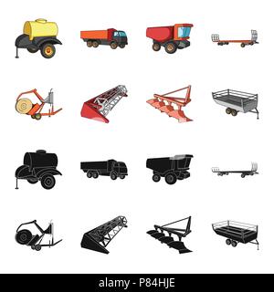 Pflug, Mähdrescher Dreschmaschine, Anhänger und andere landwirtschaftliche Geräte. Landwirtschaftliche Maschinen ein Sammlung Icons in Schwarz, Cartoon Stil vektor Symbol lieferbar Stock Vektor