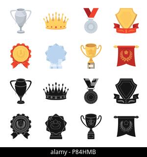 Eine olympische Medaille für den ersten Platz, eine Kristallkugel, eine goldene Schale auf einem Ständer, einem roten Anhänger. Auszeichnungen und Trophäen set Sammlung Icons in Schwarz, Cartoon s Stock Vektor