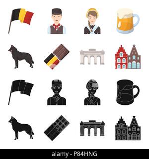 Schokolade, Kathedrale und andere Symbole des Landes. Belgien Sammlung Icons in Schwarz, Cartoon Stil vektor Symbol lieferbar Abbildung. Stock Vektor