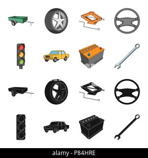 Ampel, altes Auto, Batterie, Schlüssel, Auto Set Sammlung Icons in Schwarz, Cartoon Stil vektor Symbol lieferbar Abbildung. Stock Vektor
