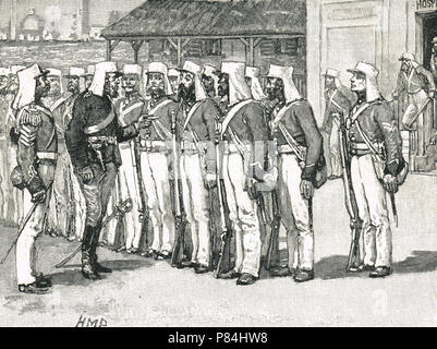 Kranken Soldaten, Entlassung von Selbst, zum Dienst, und sich weigerte, wieder bestellt werden, bei der Belagerung von Lucknow, Indischen Aufstand von 1857. Stockfoto