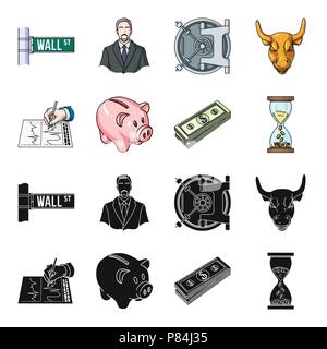 Bank, Business Plan, Bündel von Notizen, Zeit, Geld. Geld und Finanzen set Sammlung Icons in Schwarz, Cartoon Stil vektor Symbol lieferbar Abbildung. Stock Vektor