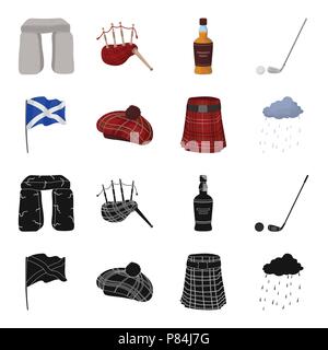 Flagge, Kilt, Regenwetter, cap. Schottland land Sammlung Icons in Schwarz, Cartoon Stil vektor Symbol lieferbar Abbildung. Stock Vektor