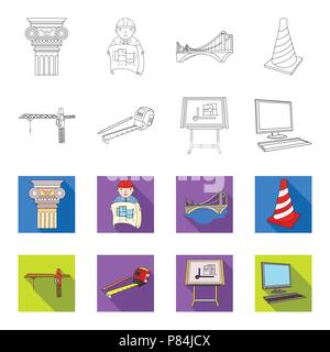 Baukran, Maßband messen, Zeichenbrett, Computer. Architektur Sammlung Icons in Grenzen, flet Stil vektor Symbol lieferbar Illus Stock Vektor
