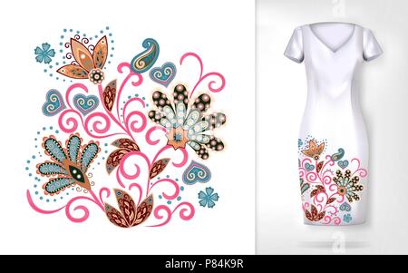 Stickerei farbenfrohe Trend floralen Muster. Vektor traditionelle ornamentale Blumen Muster auf Kleid Mock up. In dressing Kleidung, Textilien verwendet werden, h Stock Vektor