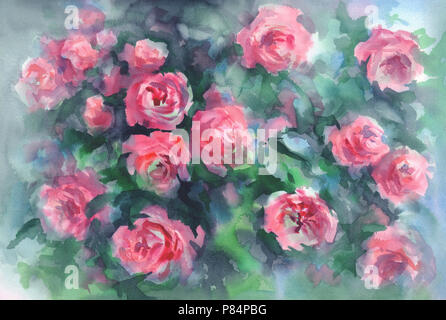 Rosa Rosen in grünem Hintergrund Aquarell Stockfoto