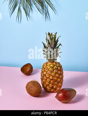 Ananas, Mango und Kokosnuss auf den blau rosa Papier Hintergrund Stockfoto