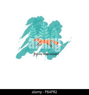 Die Grußkarte mit niedlichen Running Fox und Bäume für den Hintergrund. Text: Joyeux anniversaire (in englischer Sprache Happy Birthday). Stock Vektor