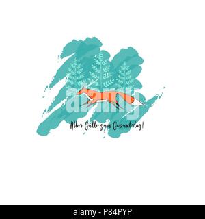 Die Grußkarte mit niedlichen Running Fox und Bäume für den Hintergrund. Text: Alles Gutte zum Geburtstag in Englisch alles Gute zum Geburtstag. Stock Vektor
