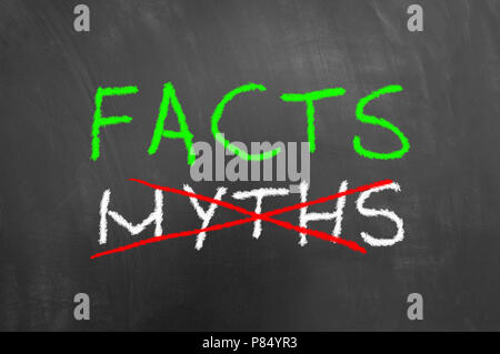 Fakten und Mythen text auf Tafel oder Tafel mit weißer Grüne und Rote Kreide als Wahrheit Informationen Genauigkeit Konzept Stockfoto