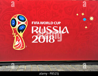 Moskau, Russland - Juli 02: FIFA WM Russland 2018 rote Zeichen in Moskau am 2. Juli 2018. Stockfoto