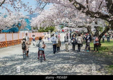 Japanische Touristen Arashiyama in der Umgebung von Kyoto, Japan erkunden. Arashiyama hat sich zu einem beliebten Reiseziel während der Frühling ist seit dem 8. Stockfoto