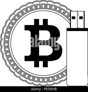 Storage bitcoin Linienstil an. Bit Münze und USB flash drive Memory. Vector Illustration Stock Vektor