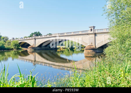 Üppige vegitation deckt die am Ufer des Flusses Trent an der Seite von gunthorpe Brücke in Nottinghamshire. Stockfoto