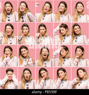 Junge Frau, unterschiedliche Emotionen Collage über Vintage rosa Hintergrund Stockfoto