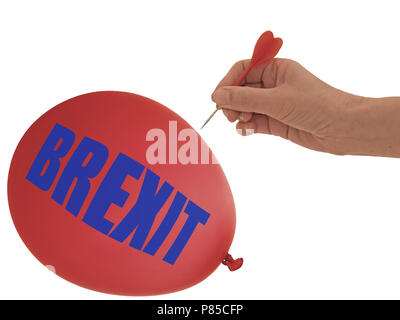 BREXIT Ballon bang, Pop-politische Metapher, auf weißem Hintergrund zu gehen. Stockfoto