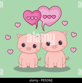 Kawaii Schweine in Liebe über den grünen Hintergrund, farbenfrohen Design. Vector Illustration Stock Vektor