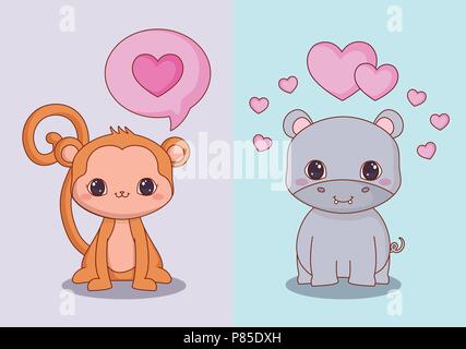 Kawaii Monkey und hipoppotamus mit Sprechblase mit Herzen Symbole. Vector Illustration Stock Vektor