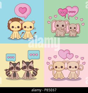 Icon Set von Kawaii in Liebe Paar Tiere über bunte Quadrate, Vektor, Abbildung Stock Vektor