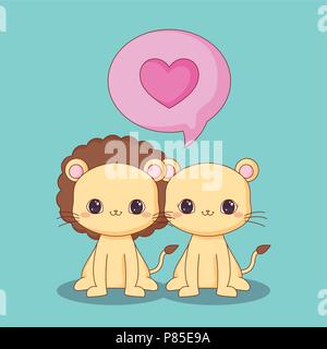 Kawaii Löwe, Löwin in Liebe über den blauen Hintergrund, farbenfrohen Design. Vector Illustration Stock Vektor