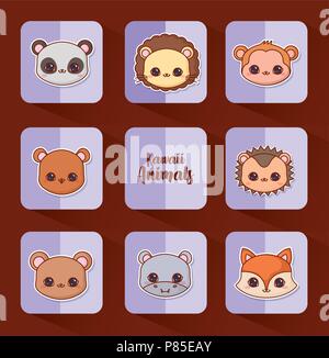 Icon Set von kawaii Tiere über bunte Quadrate und braunen Hintergrund, Vector Illustration Stock Vektor