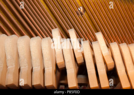 Hämmer und Streicher im Piano. Teil der internen Mechanismus. Stockfoto