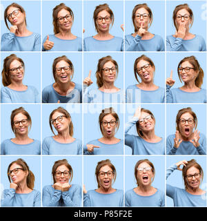 Mittleres Alter Frau, unterschiedliche Emotionen Collage über blauer Hintergrund Stockfoto