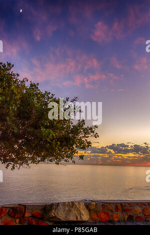 Bunte idyllischen Sonnenuntergang über dem Meer in der Nähe von Hout Bay, Kapstadt, Südafrika mit Blick über das Meer zum Horizont, feine Wolken, Mond, Baum Stockfoto