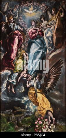 CUADRO "La Inmaculada Concepcion". AUTOR: DOMENIKOS THEOTHOKOPOULOS, EL GRECO. EN EL MUSEO DE SANTA CRUZ, Nº INVENTARIO 1277. (1608-1613, OLEO SOBRE LIENZO, DEPOSITO DE LA PARROQUIA DE SAN NICOLAS DE BARI, TOLEDO). Stockfoto