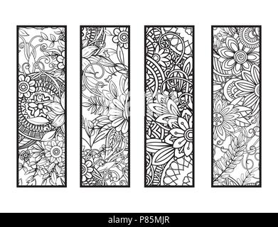 Satz von vier Lesezeichen in Schwarz und Weiß. Doodles Blumen und Ornamente für Erwachsene Malbuch. Vector Illustration. Stock Vektor