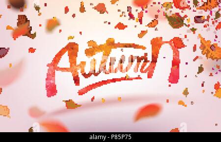 Vektor illustration Glücklich im Herbst fallenden Blätter. Herbstliches Laub fallen und pappel Blatt im Wind motion blur fliegen. Herbst Design. Vorlagen für Plakate, Banner, Flyer, Präsentationen, Berichte. Stock Vektor