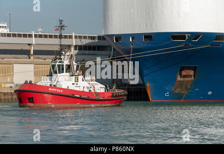 Schlepper neben der Viking Schicksal ein Car carrier Schiff. Hafen von Southampton, England UK. Stockfoto