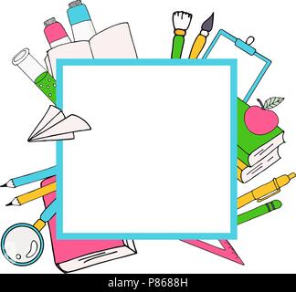 Zurück zur Karte Schule mit Farbe Embleme bestehend aus Kugelschreiber, Bleistift, Papier, Flugzeug, Buch- und Schulbedarf. Schule Shopping. Stock Vektor