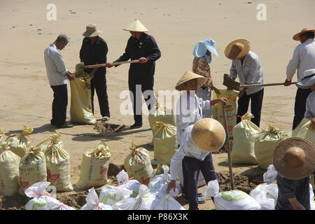 Taizhou, Zhejiang Provinz Chinas. 10. Juli 2018. Mitarbeiter Verstärkung der Deiche und Dämme mit Sandsäcken an einem malerischen Ort in Wenling Stadt, der ostchinesischen Provinz Zhejiang, 10. Juli 2018. China Meteorological Administration am Dienstag veröffentlicht erste Rot in diesem Jahr als Warnung für TYPHOON Typhoon Maria oder der 8. des Jahres Ansätze der chinesischen Küste. Typhoon Maria ist wahrscheinlich zu fegen, Taiwan, Fujian, Jiangxi und Zhejiang am Dienstag und Mittwoch. Credit: Jin Yunguo/Xinhua/Alamy leben Nachrichten Stockfoto