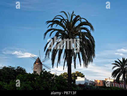 Windmühlen beherrschen die hohe Gelände von El Jonquet über dem Yachthafen in Palma de Mallorca, Balearen, Spanien. Stockfoto