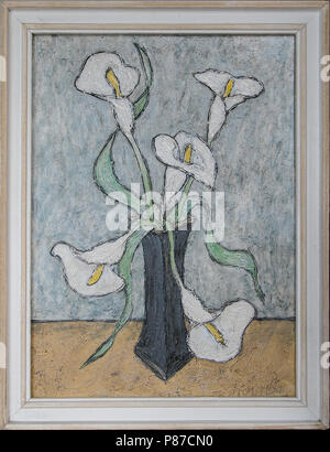 Original Ölgemälde von Igor Moniava von calla Lilien in einer Vase. Stockfoto