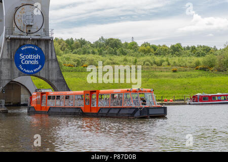 Start verlässt das Falkirk Wheel, rotierende Schiffshebewerk in Schottland, Stockfoto