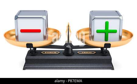 Balance Concept Plus oder Minus, Waage. 3D-Rendering auf weißem Hintergrund Stockfoto