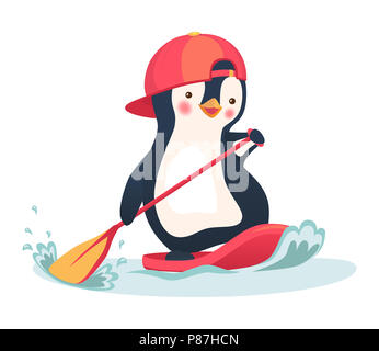 Pinguin schwimmen auf SUP Board. Paddle Board. Pinguin Abbildung Stockfoto