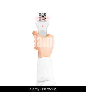 Hand mit QR-Code scanner isoliert. Barcode-Geräte scannen. Digital code Scanner halten. Stockfoto