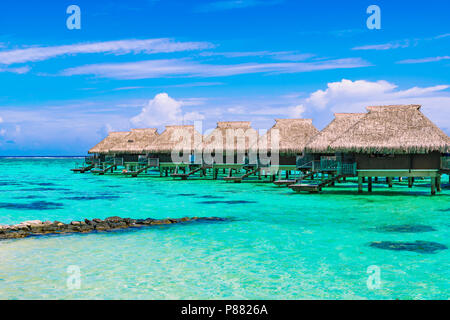 Luxury Beach reisen urlaub Konzept: Überwasser Bungalows auf türkisblaue lagune Ocean Coral Reef in der Nähe des Strandes. Stockfoto