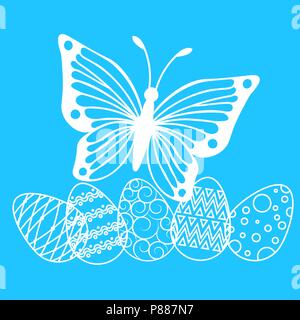 Vector Illustration, auf blauem Hintergrund Schmetterling mit Eier, Ostern Stock Vektor