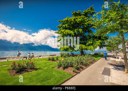 VEVEY, SCHWEIZ - 31. Mai, 2018 - Park in der Nähe von Vevey Montreux mit Schweizer Alpen im Hintergrund, in der Schweiz, in Europa. Stockfoto