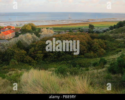 Uitzicht op dorpje vanuit Duinen; Blick auf Dorf aus Dünen Stockfoto