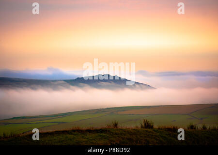 Sonnenaufgang über misty Felder von Pembrokeshire Moor. Hill Top durch niedrige Wolken umgeben Blowed in der Nacht vom Meer. Tolle Stimmung und Atmosphäre von Morgen. Stockfoto