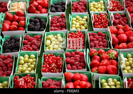 Gemischte frische Beeren in Containern bei Farmers Market, Frankreich, Europa Stockfoto